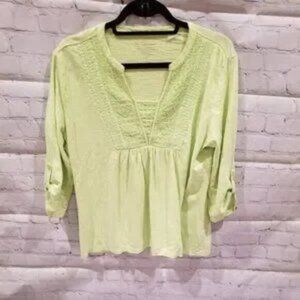 CHICO'S size 2 lime green blouse with roll tab sleeves and beaded bodice